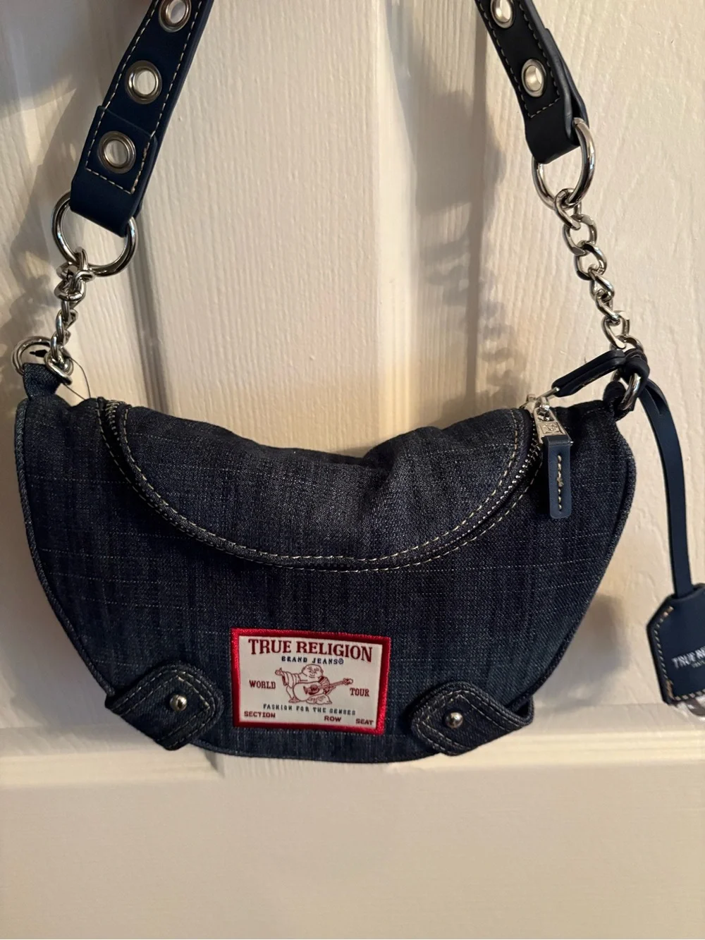 True Religion Dark Blue Denim Crescent Belt Bag with Silver Hardware